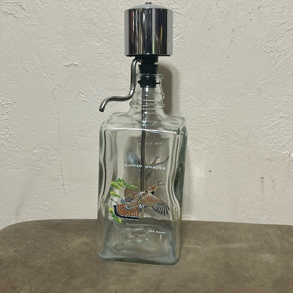 Beautiful, vintage Ned Smith wild bird painted liquor decanter